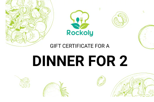 Rockoly gift certificate for a dinner for two, on a background of line-drawn dishes