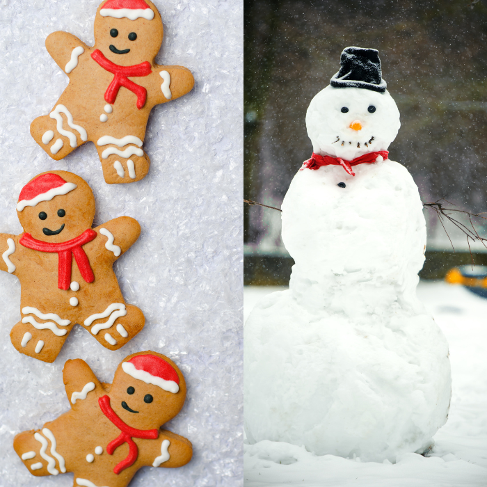 Iced gingerbread men in Santa hats beside a snowman wearing a black top hat and red scarf