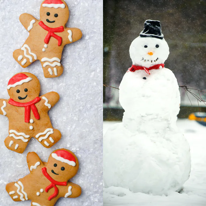 Iced gingerbread men in Santa hats beside a snowman wearing a black top hat and red scarf