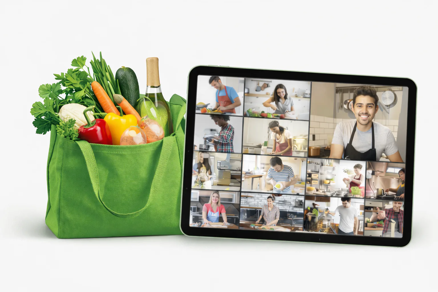 Green tote of fresh vegetables and wine beside a tablet showing people cooking on a video call