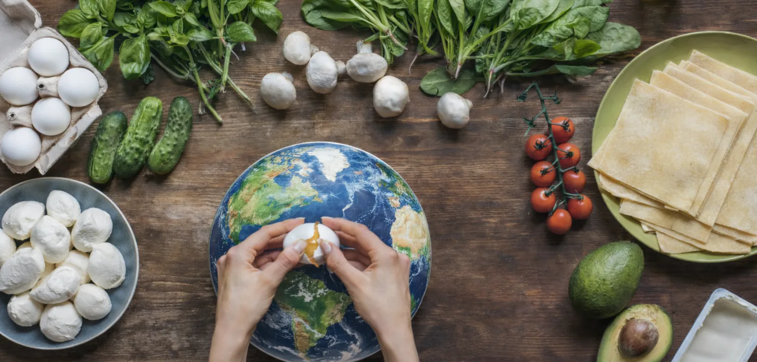 Hands cracking an egg over a globe-painted bowl surrounded by vegetables, mushrooms and pasta sheets