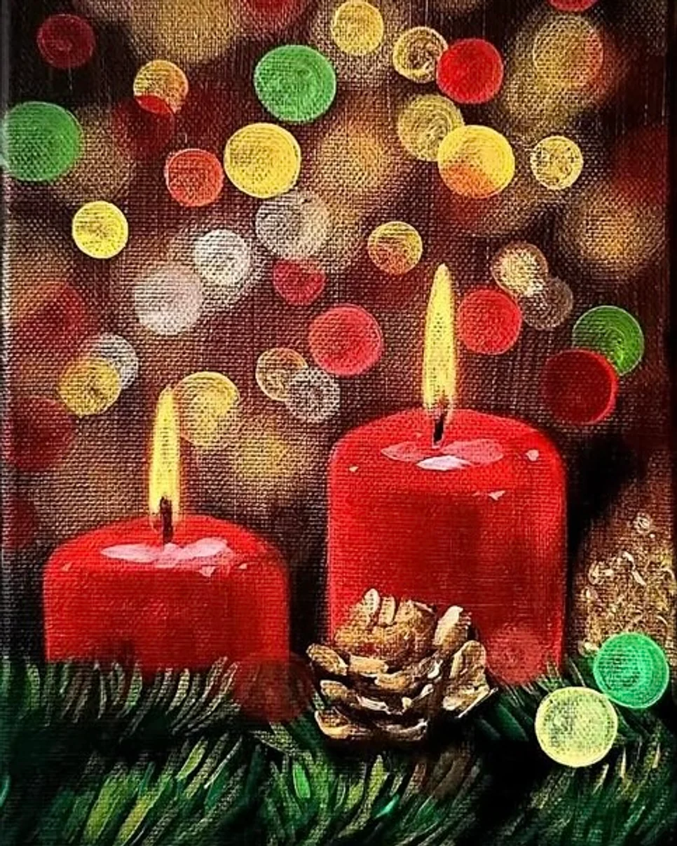 Acrylic painting of two lit red pillar candles, a gilded pine cone and evergreen under a wall of red, green and gold bokeh lights