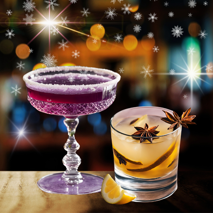 Purple sugar-rimmed holiday cocktail beside an amber drink with star anise and orange, with sparkles