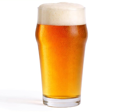Pint glass of golden honey ale with a thick white foam head