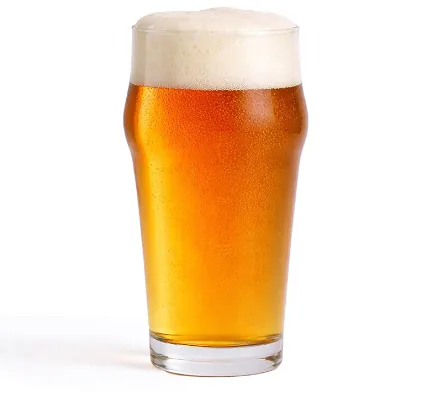 Pint glass of golden honey ale with a thick white foam head
