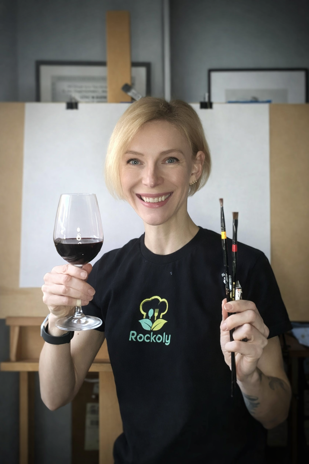 Smiling host in a Rockoly T-shirt holding a glass of red wine and paintbrushes beside an easel