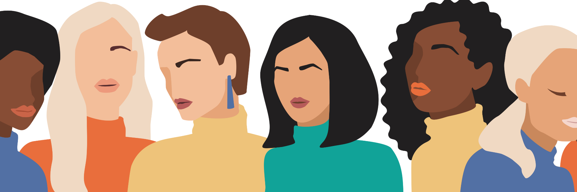 Flat illustration of six women with different skin tones and hairstyles standing side by side
