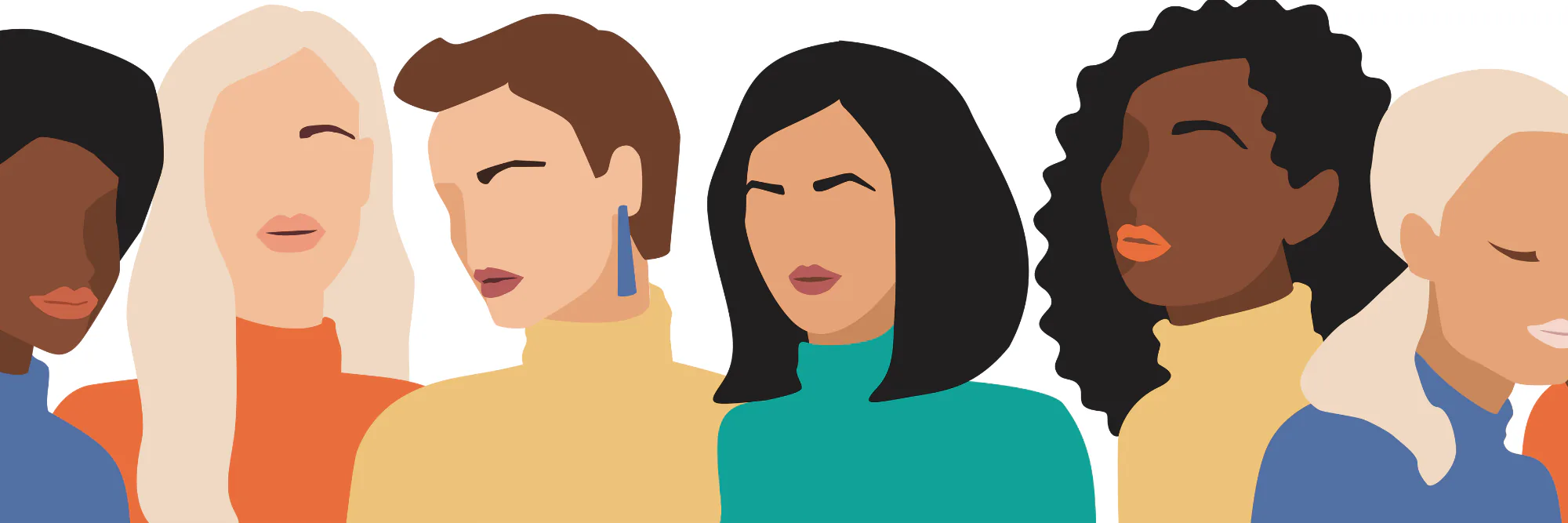 Flat illustration of six women with different skin tones and hairstyles standing side by side