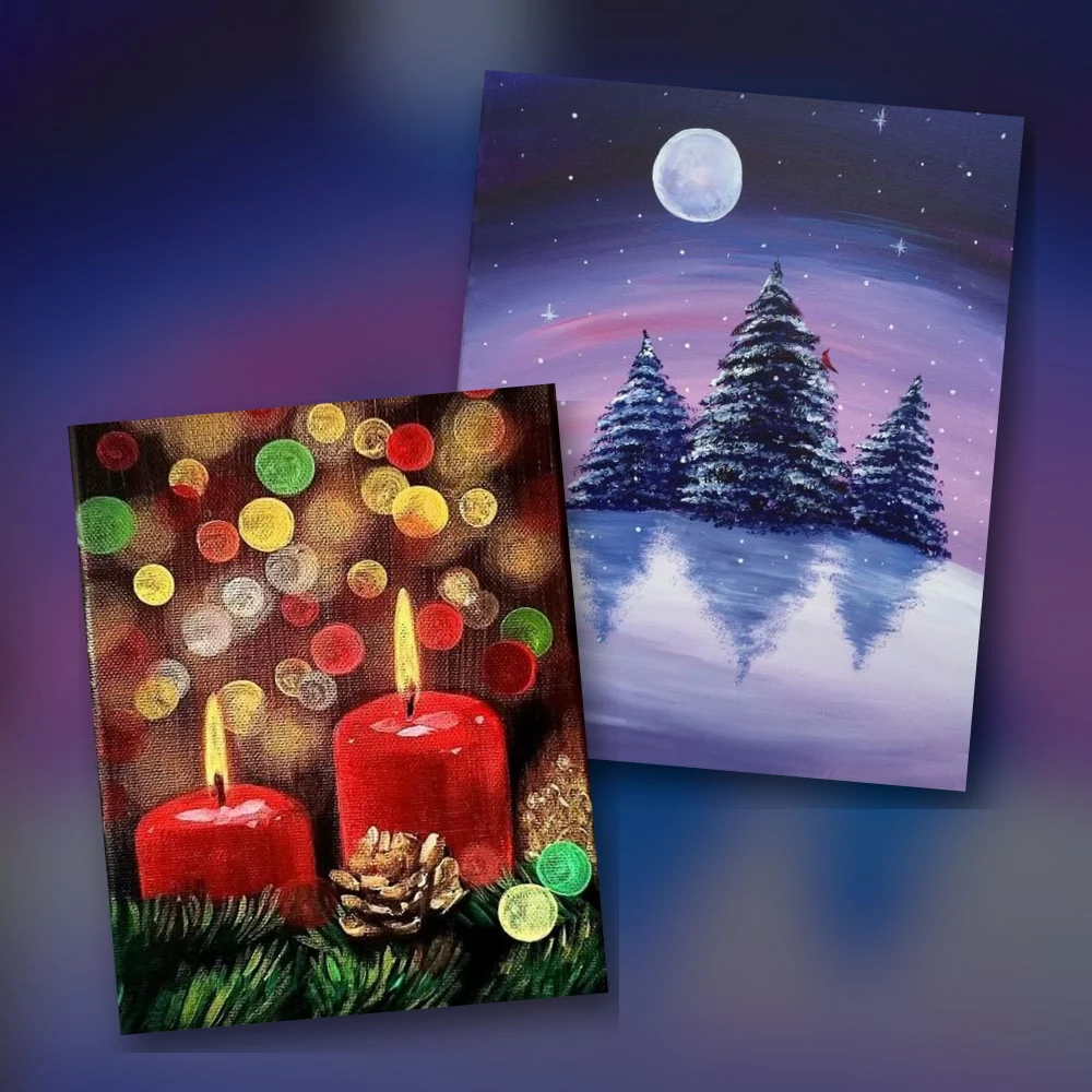 Two holiday canvases overlapping on a dark backdrop: snowy pines under a full moon, and lit red candles under bokeh lights