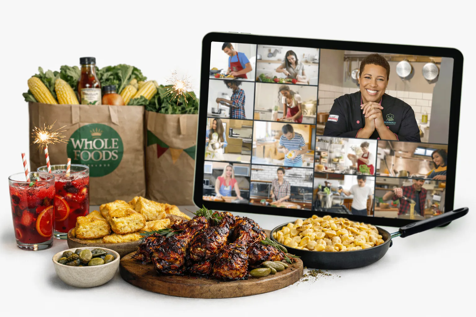 Laptop showing a chef-led video cooking class beside Whole Foods grocery bags, BBQ chicken and mac and cheese