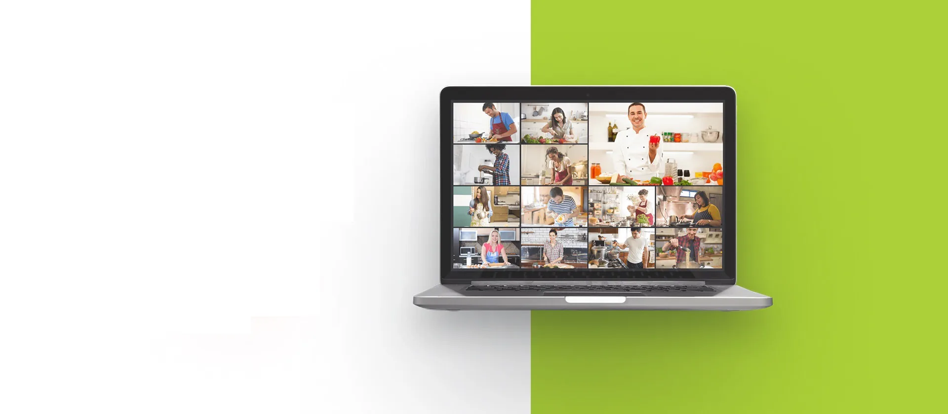 Open laptop showing a video call grid of people cooking at home with a chef leading in one tile