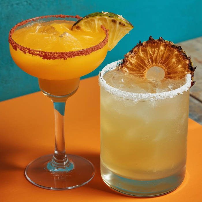 Mango margarita with a chili-salt rim beside a pale margarita topped with a dried pineapple wheel