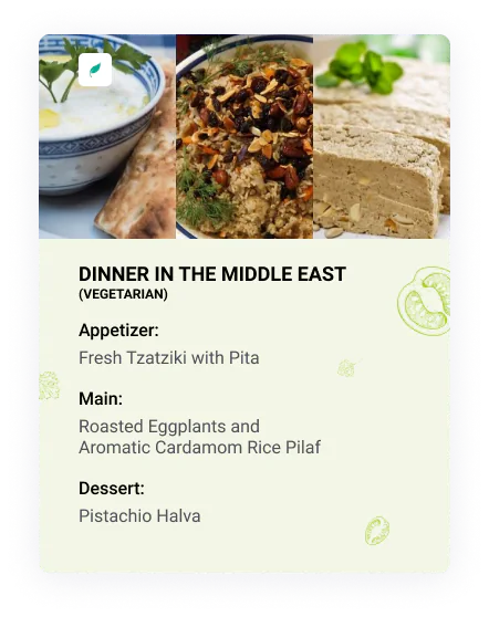 Vegetarian Middle East menu card: tzatziki with pita, roasted eggplant with cardamom rice pilaf, pistachio halva