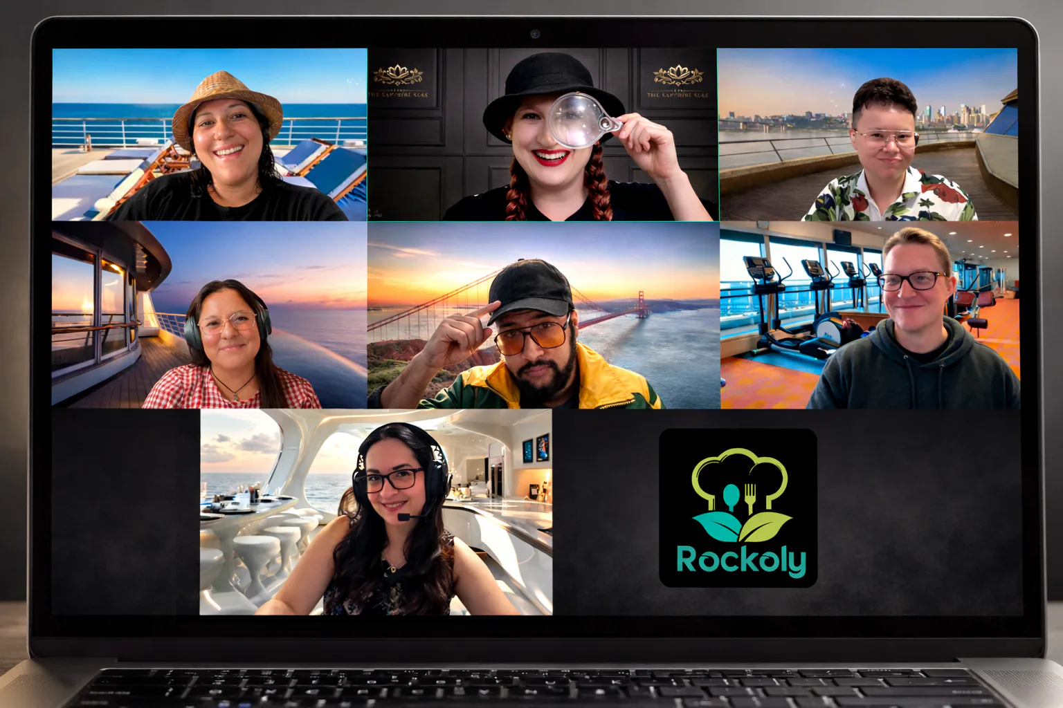 Laptop showing a video call of seven people in hats, sunglasses and disguises against cruise ship backgrounds