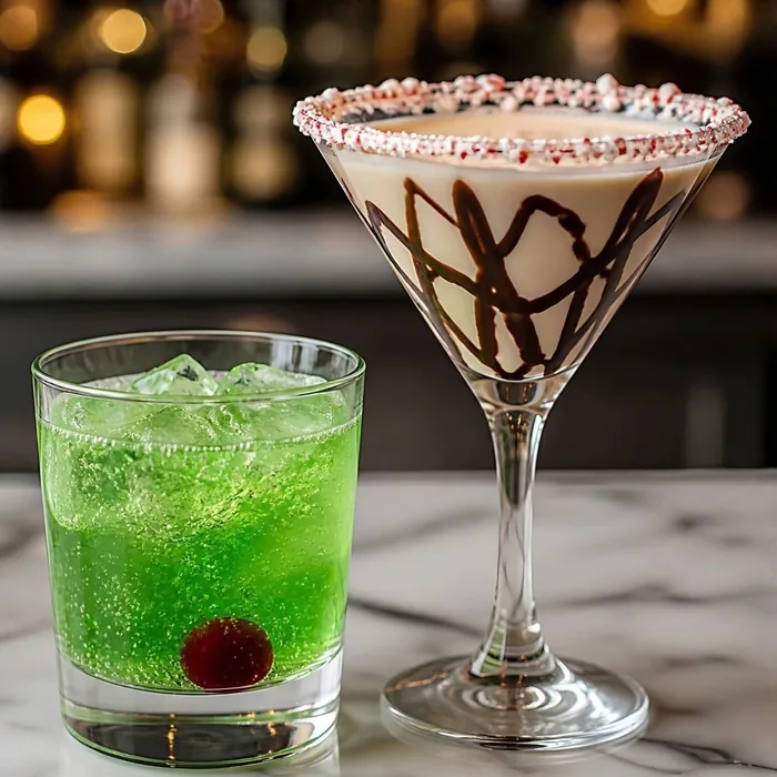 Bright green fizzy cocktail with a cherry beside a creamy martini rimmed in crushed candy canes and drizzled with chocolate