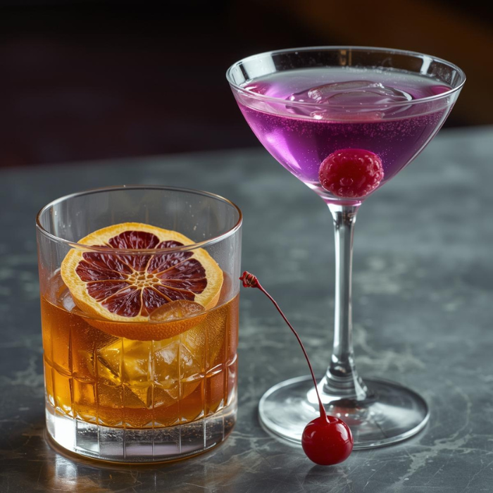 Amber old fashioned topped with a dried orange wheel beside a violet cocktail garnished with a cherry