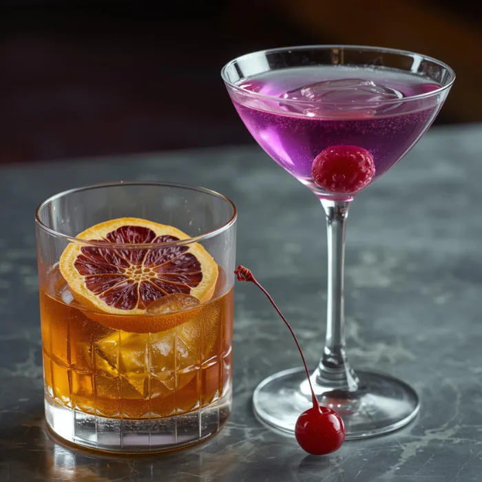 Amber old fashioned topped with a dried orange wheel beside a violet cocktail garnished with a cherry