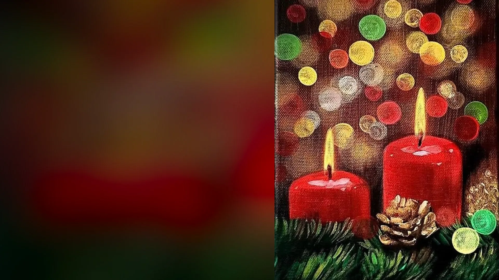 Painting of two lit red candles beneath red, green and gold bokeh lights, fading into a warm blurred glow