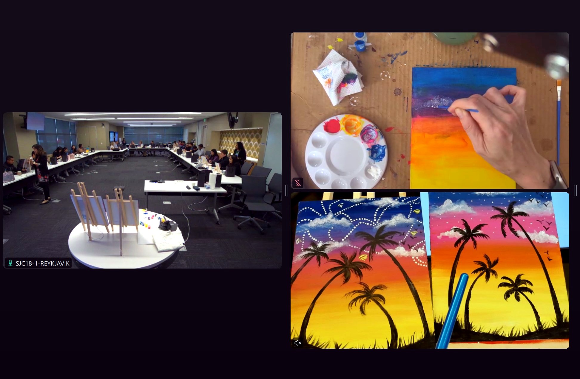 Video call view of a conference room paint session beside close-ups of sunset palm tree paintings