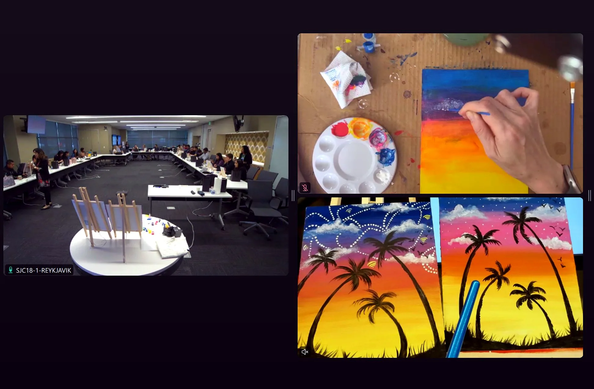 Video call view of a conference room paint session beside close-ups of sunset palm tree paintings