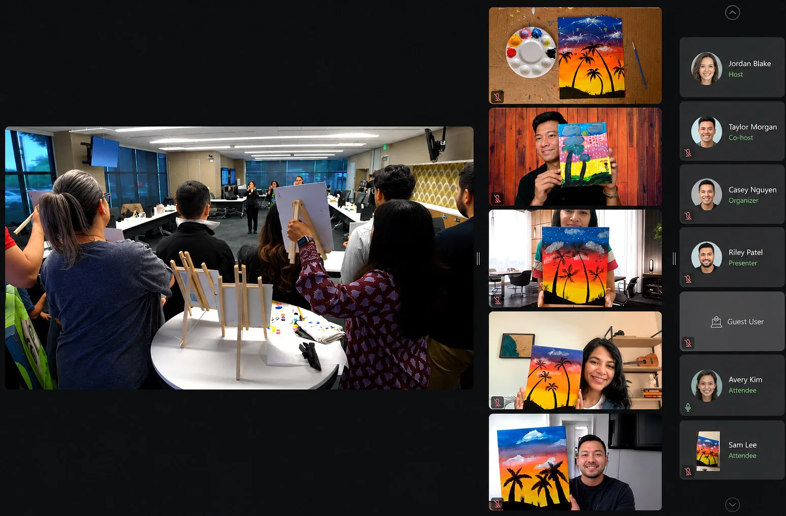 Video call screenshot with an in-room team and remote coworkers holding up palm tree sunset paintings