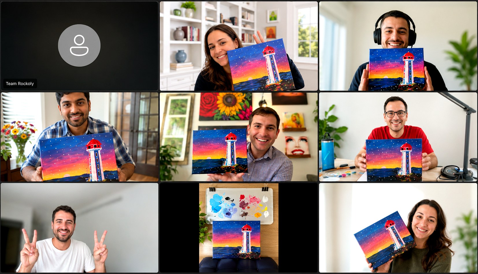 Video call grid of coworkers holding up their finished lighthouse-at-sunset paintings