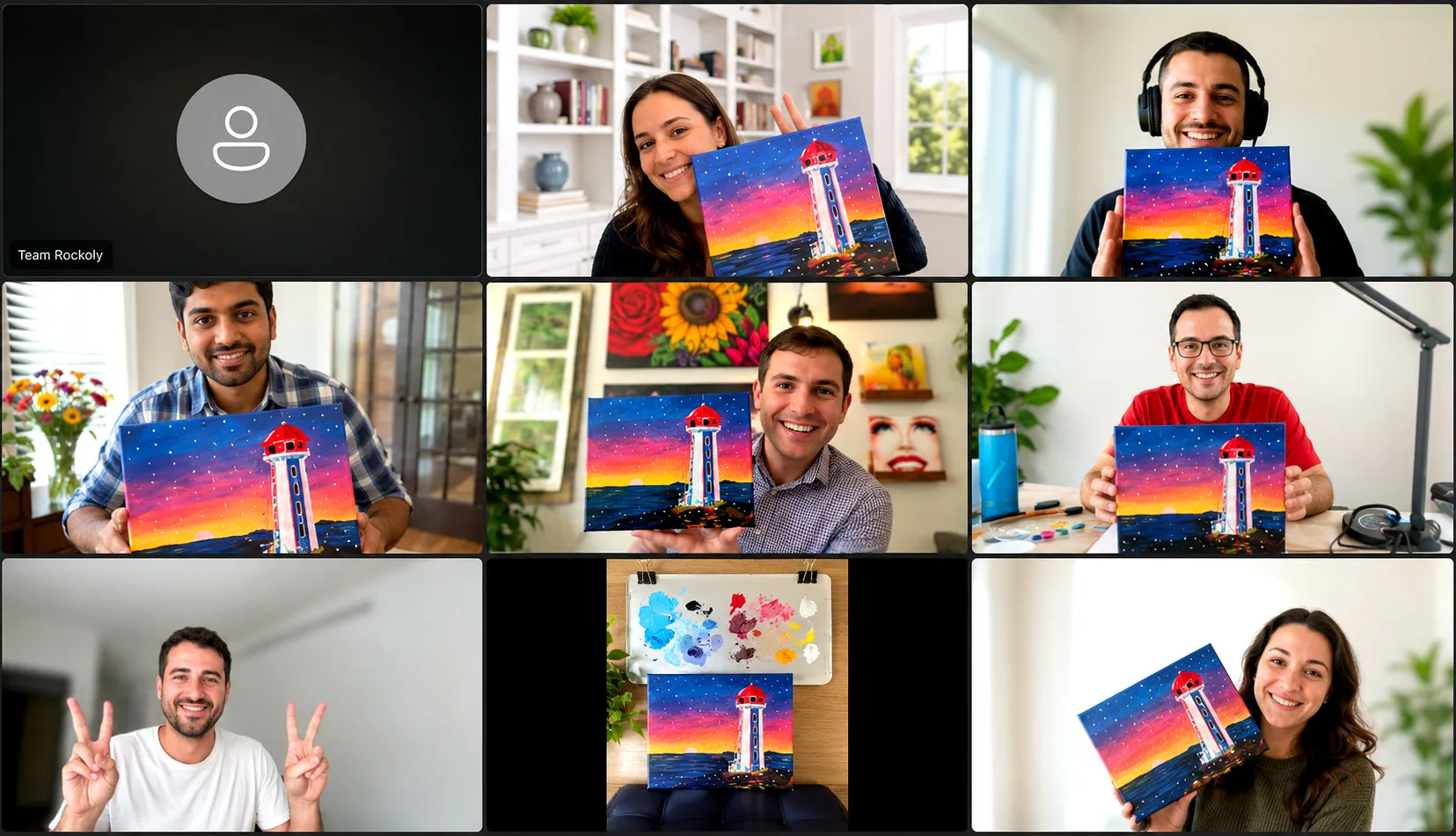Video call grid of coworkers holding up their finished lighthouse-at-sunset paintings