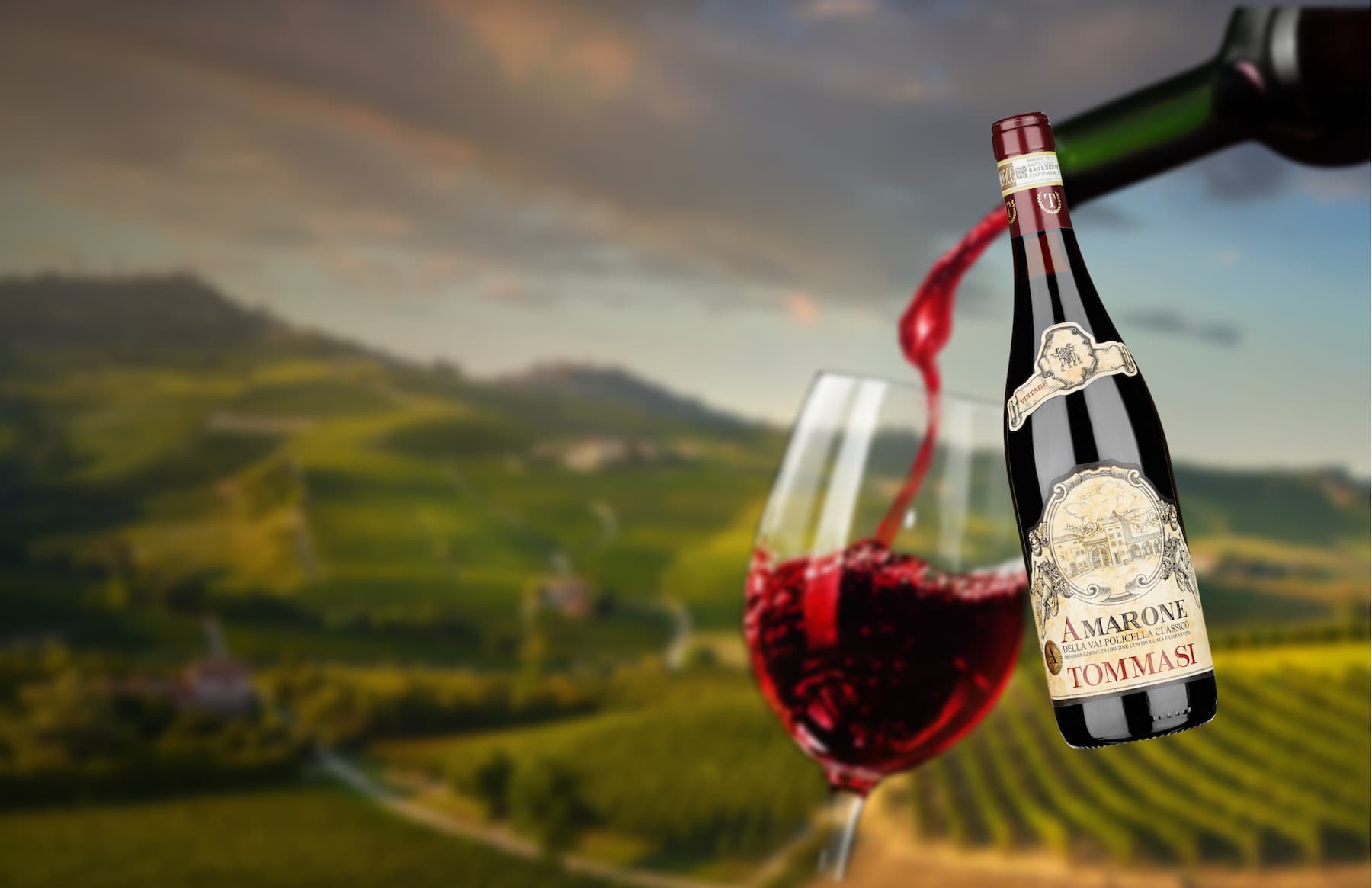 Bottle of Tommasi Amarone pouring red wine into a glass above a sunlit vineyard