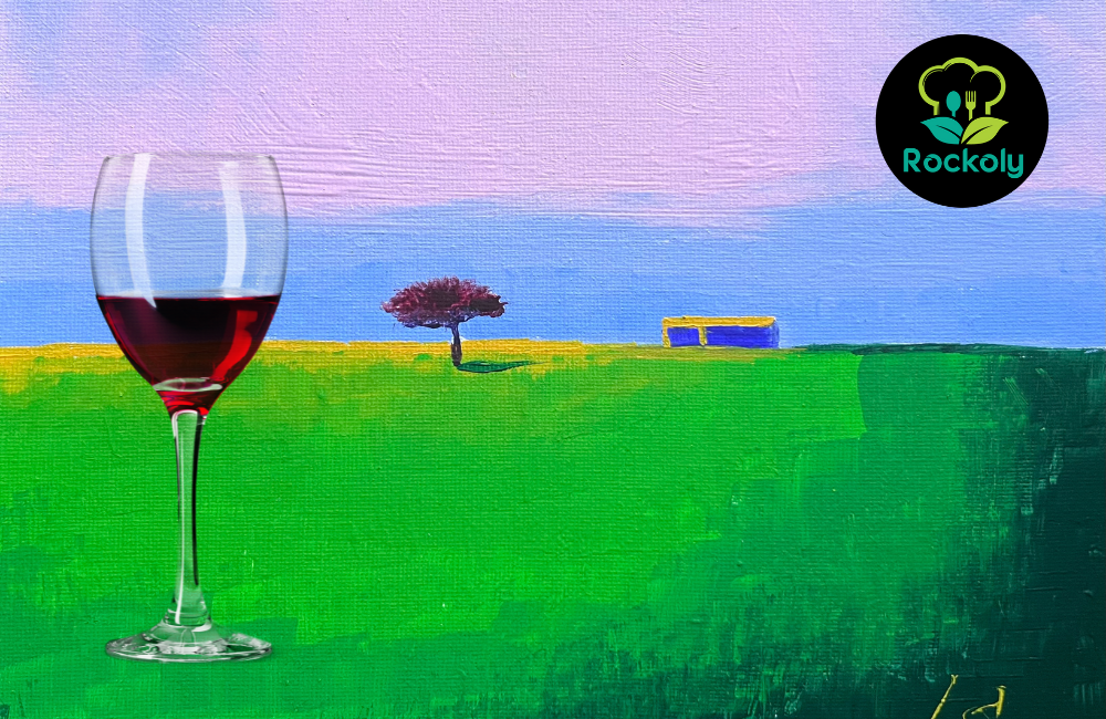Glass of red wine standing in front of an acrylic landscape painting of a tree in a green field