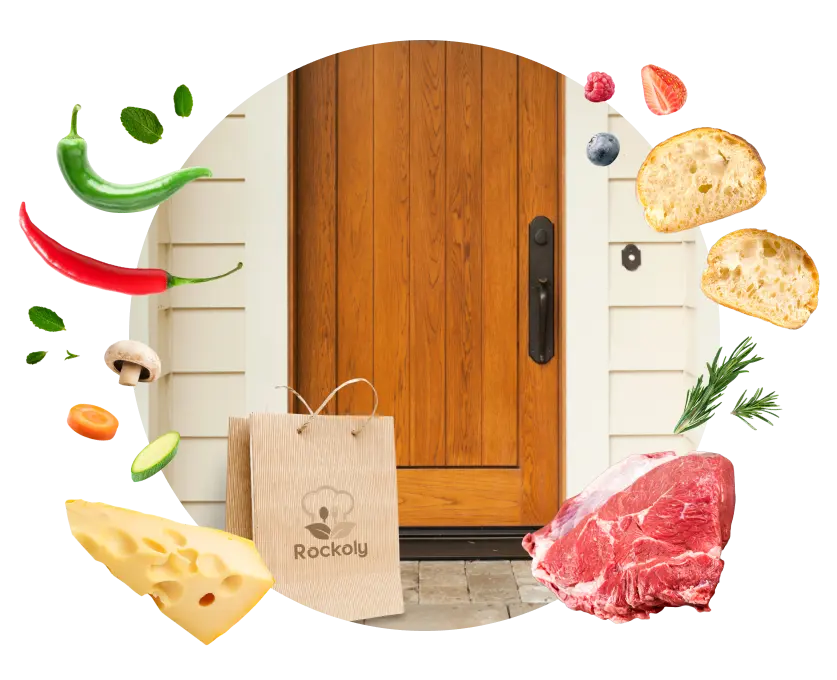Rockoly ingredient delivery bag on a front doorstep, ringed by produce, cheese, bread and steak