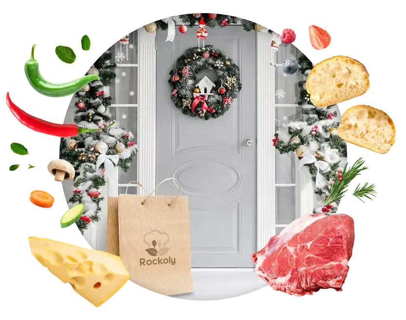 Rockoly ingredient bag on a doorstep with a holiday wreath, ringed by cheese, steak and fresh produce