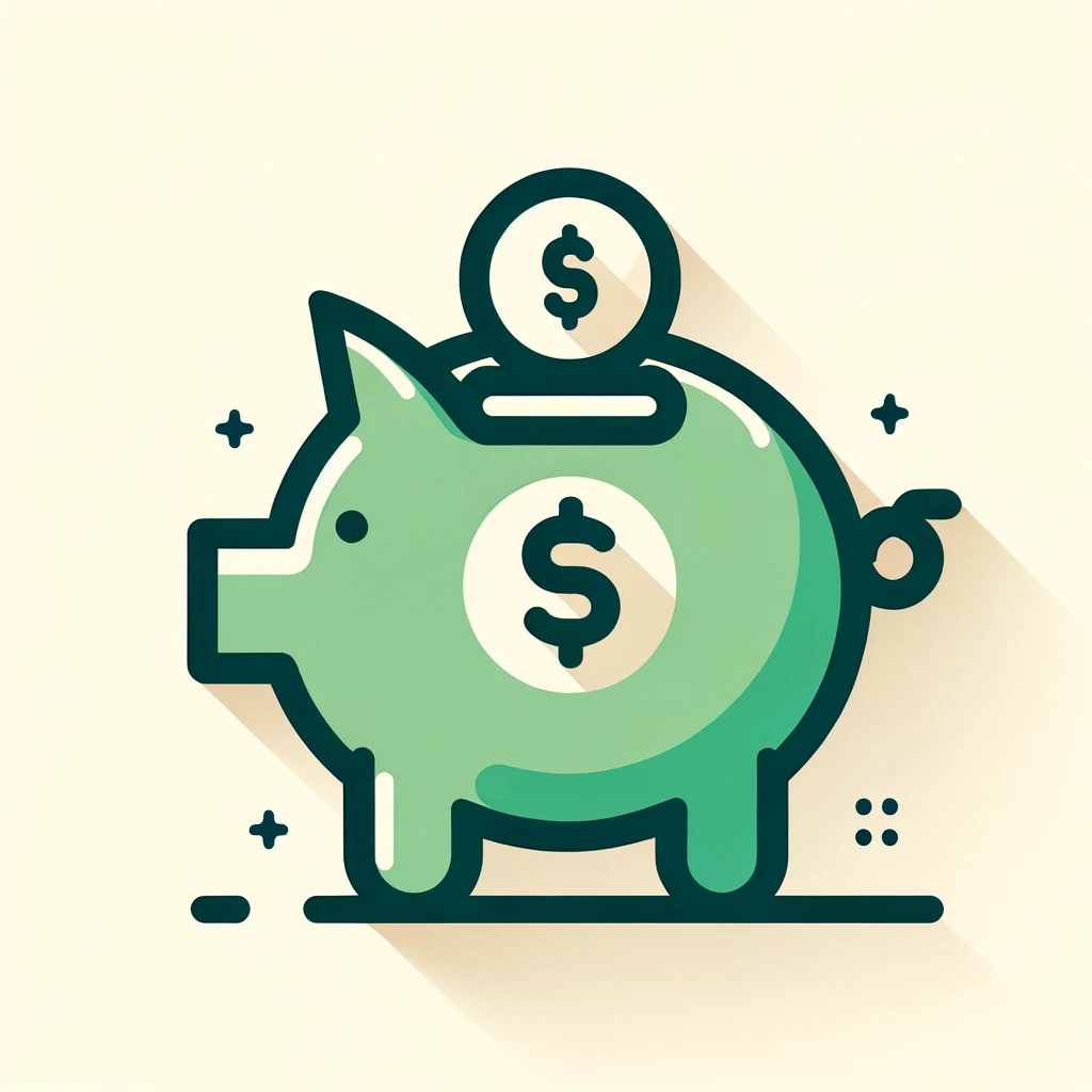 Green piggy bank with a coin dropping in, marking cost savings