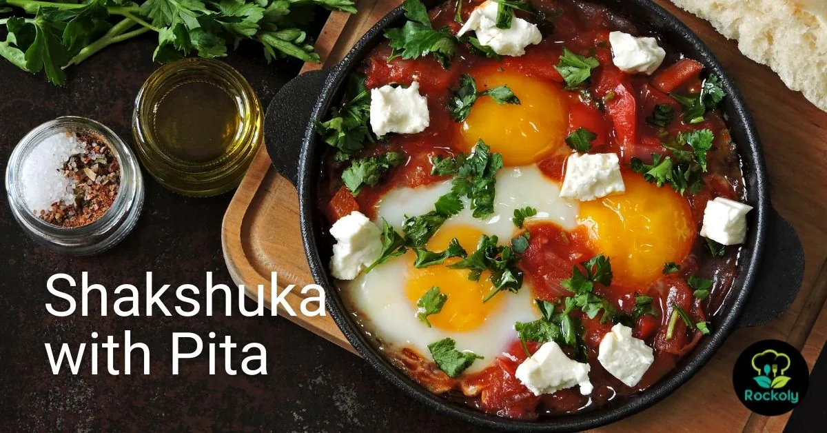 Banner reading Shakshuka with Pita, showing eggs poached in tomato sauce with feta and parsley