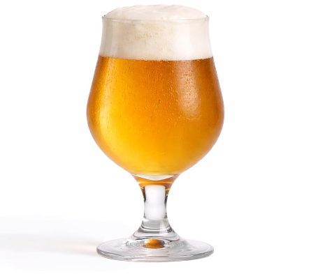 Stemmed tulip glass of golden single hop IPA with a foamy head
