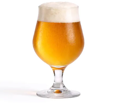 Stemmed tulip glass of golden single hop IPA with a foamy head