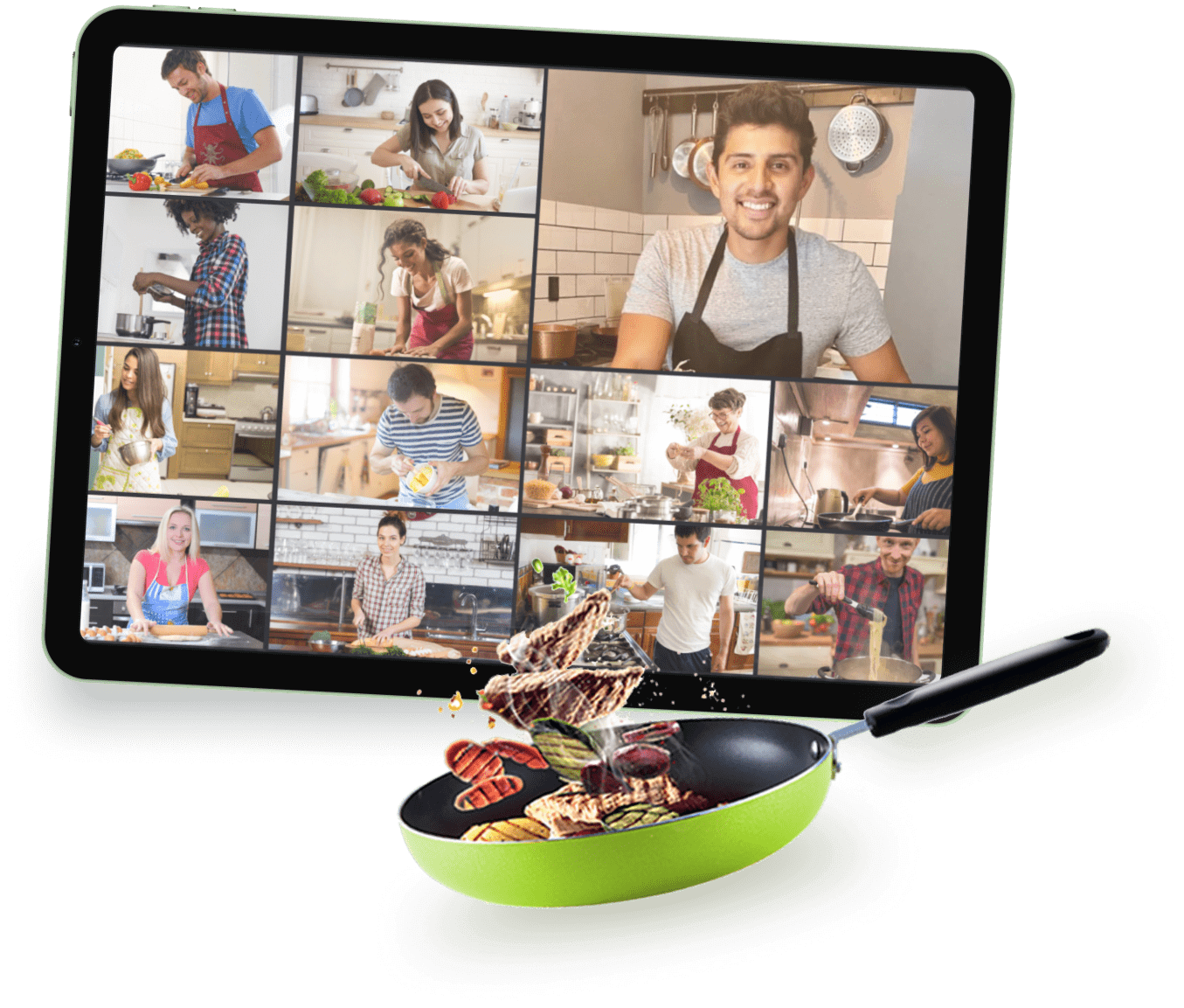 Tablet showing a grid of people cooking on a video call, with a green pan tossing grilled vegetables