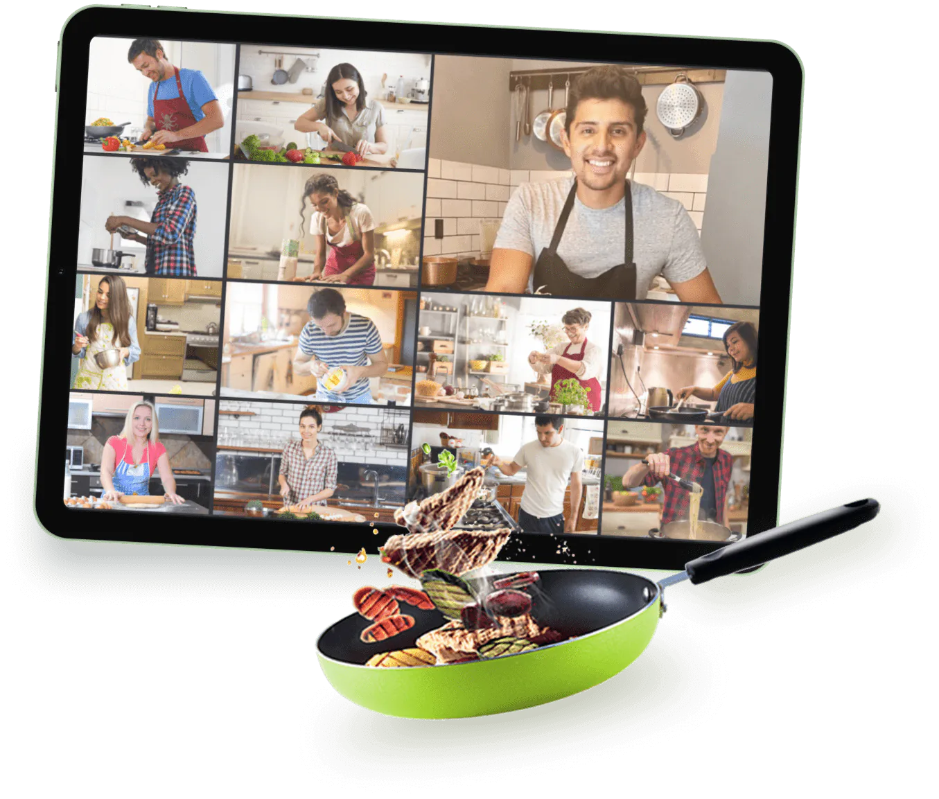 Tablet showing a grid of people cooking on a video call, with a green pan tossing grilled vegetables