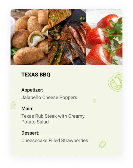 Texas BBQ menu card: jalapeño cheese poppers, Texas rub steak with creamy potato salad, cheesecake strawberries