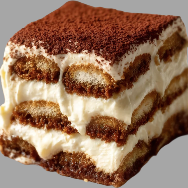 Slice of tiramisu with layers of mascarpone cream and coffee-soaked ladyfingers under dusted cocoa