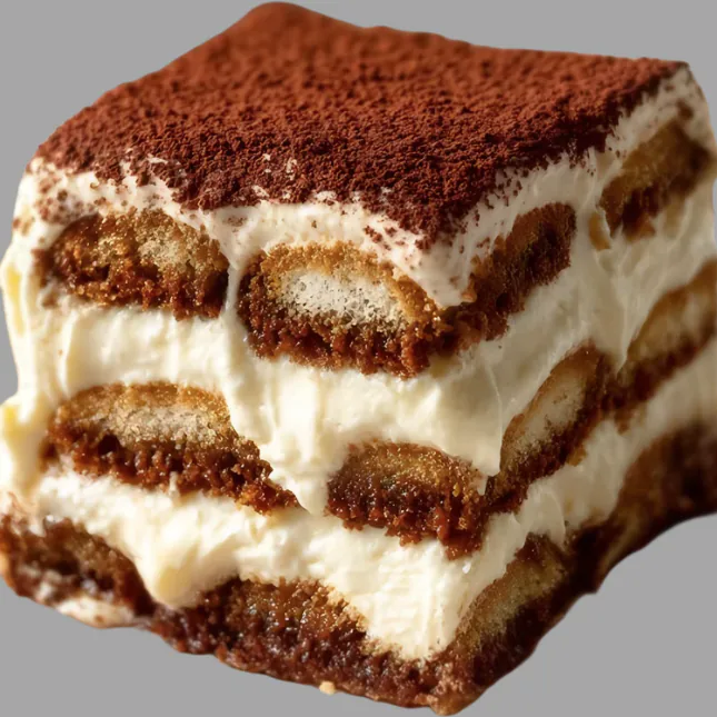 Slice of tiramisu with layers of mascarpone cream and coffee-soaked ladyfingers under dusted cocoa