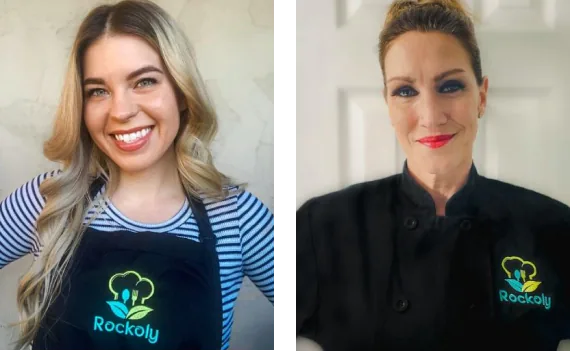Two smiling chefs side by side, one in a striped shirt and apron, one in a black chef jacket