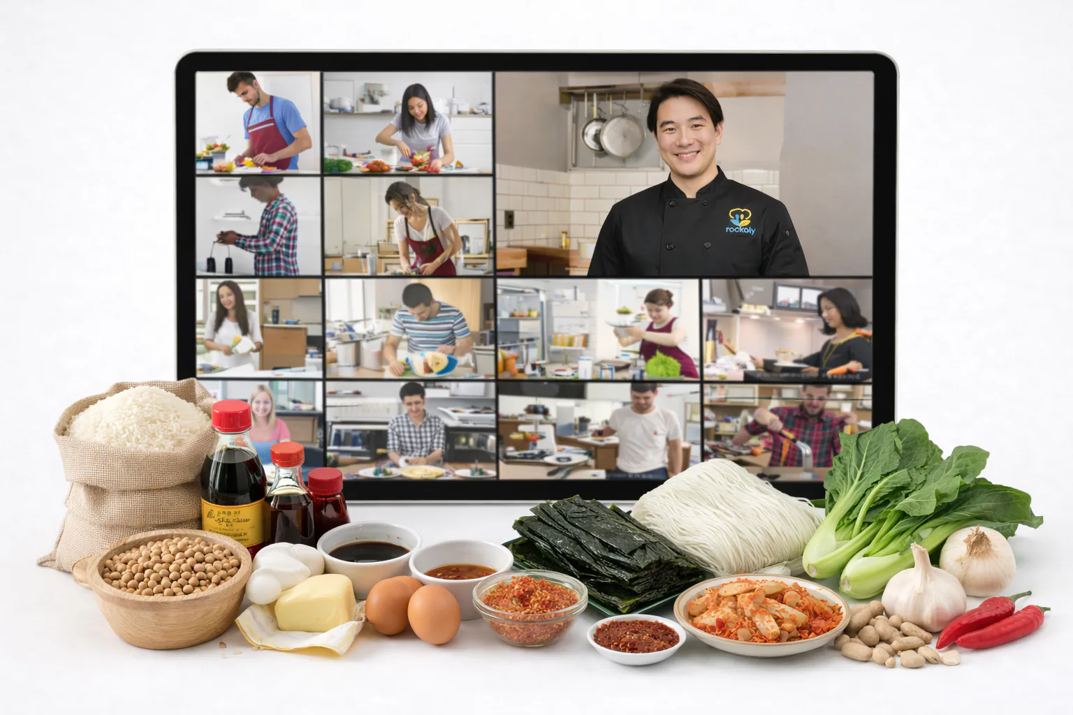 Screen showing a grid of home cooks and a chef on a video call, in front of rice, kimchi, noodles and bok choy