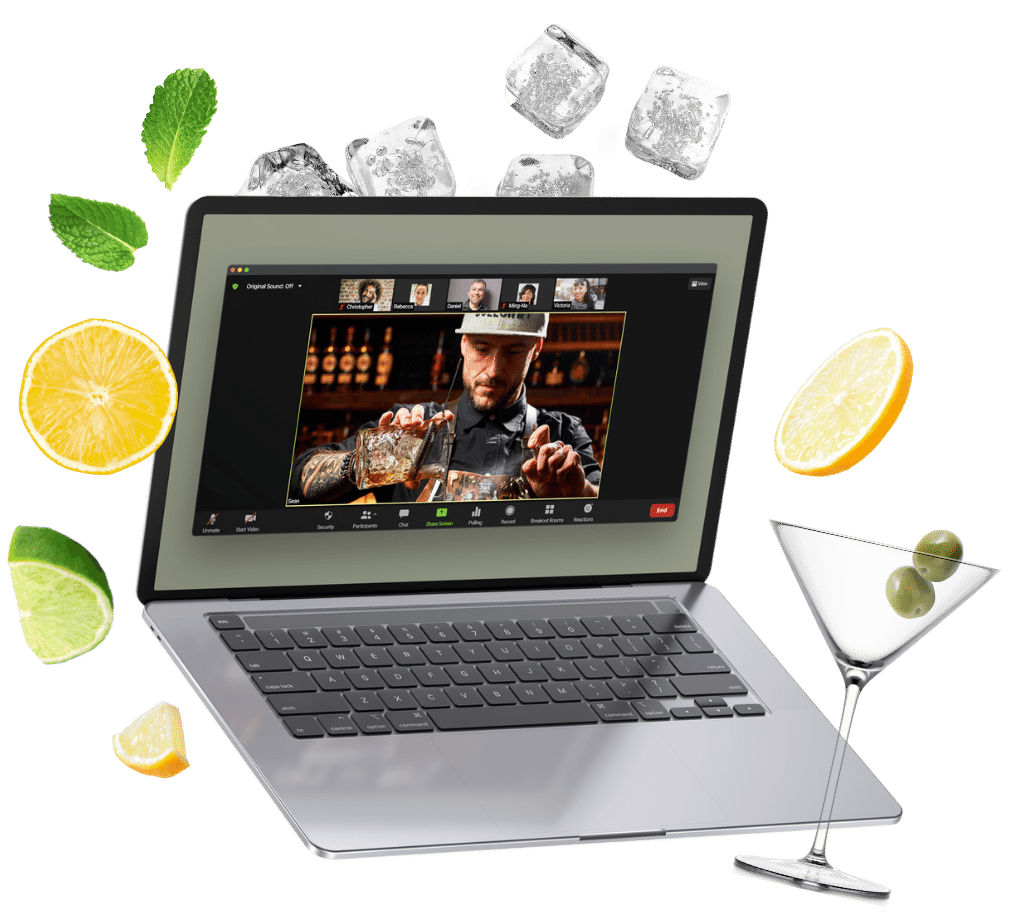 Laptop on a video call with a mixologist and guests, ringed by citrus, mint, ice cubes and a martini
