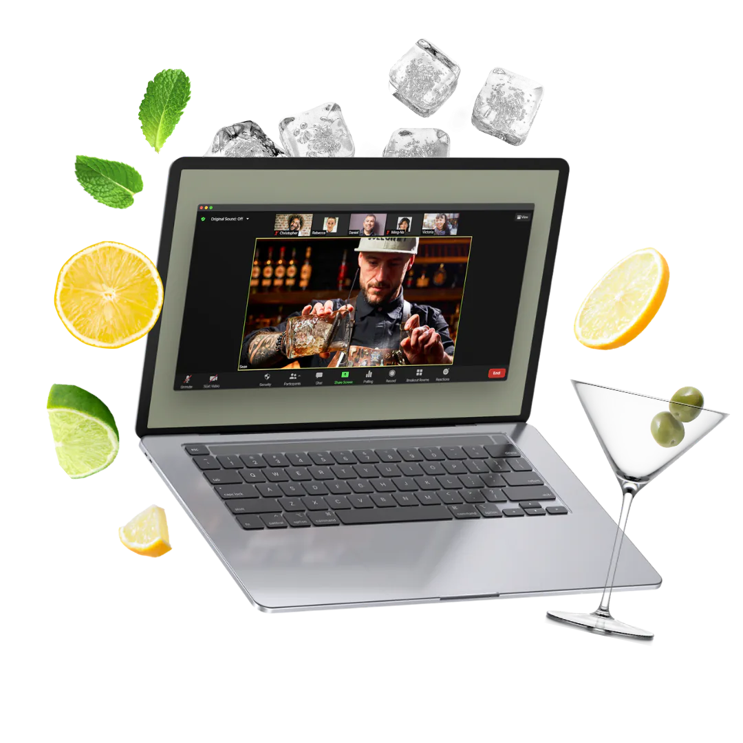 Laptop showing a video call with a bartender mixing a drink, framed by floating citrus, ice and mint