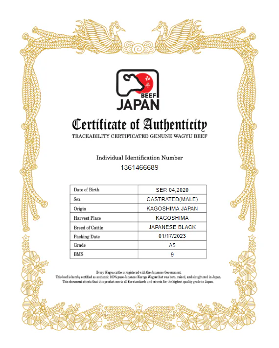 Certificate of authenticity for A5 Japanese Black wagyu beef from Kagoshima, Japan, with BMS grade 9