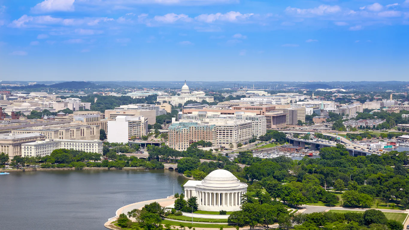 Aerial view of Washington DC with the Jefferson Memorial on the Tidal Basin and the Capitol dome beyond