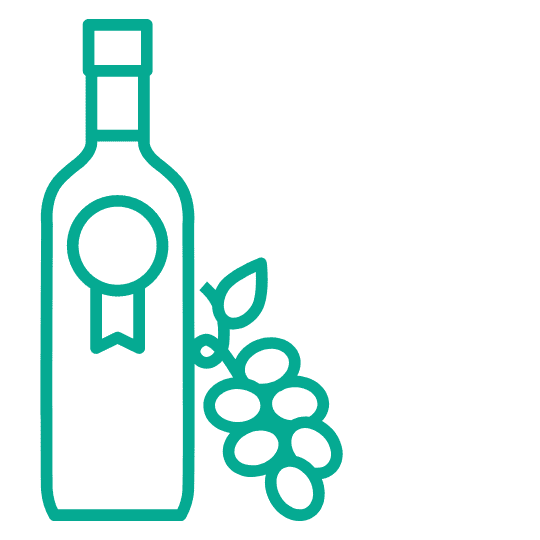 Line icon of a wine bottle with a medal label next to a bunch of grapes