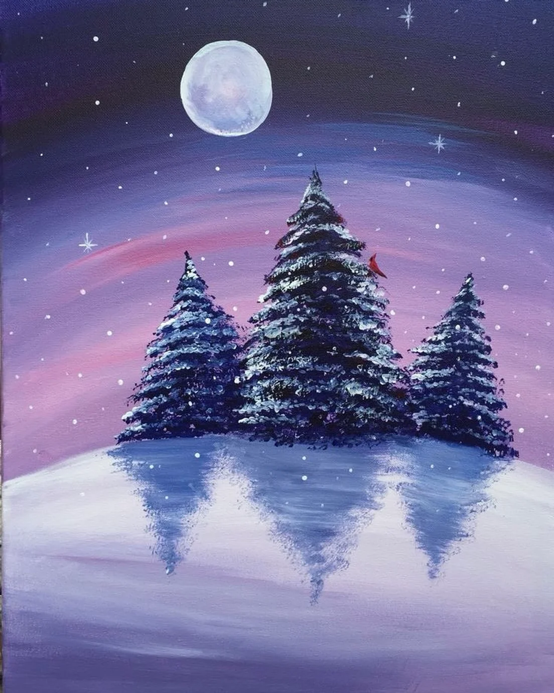 Acrylic painting of three snowy pine trees under a full moon, a red cardinal on the tallest, their shadows stretching across the snow