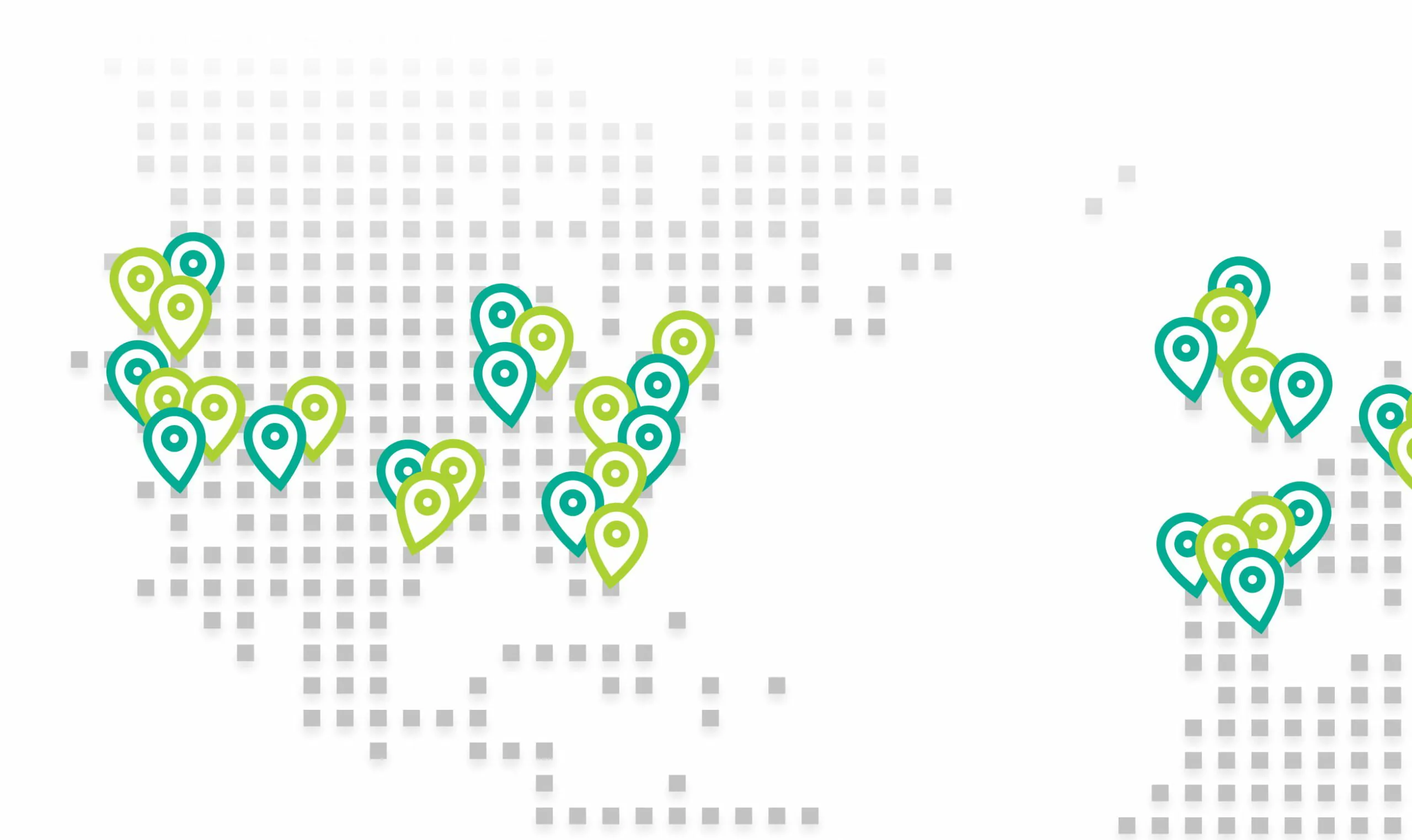 Dotted world map with clusters of green and teal location pins across North America and Europe