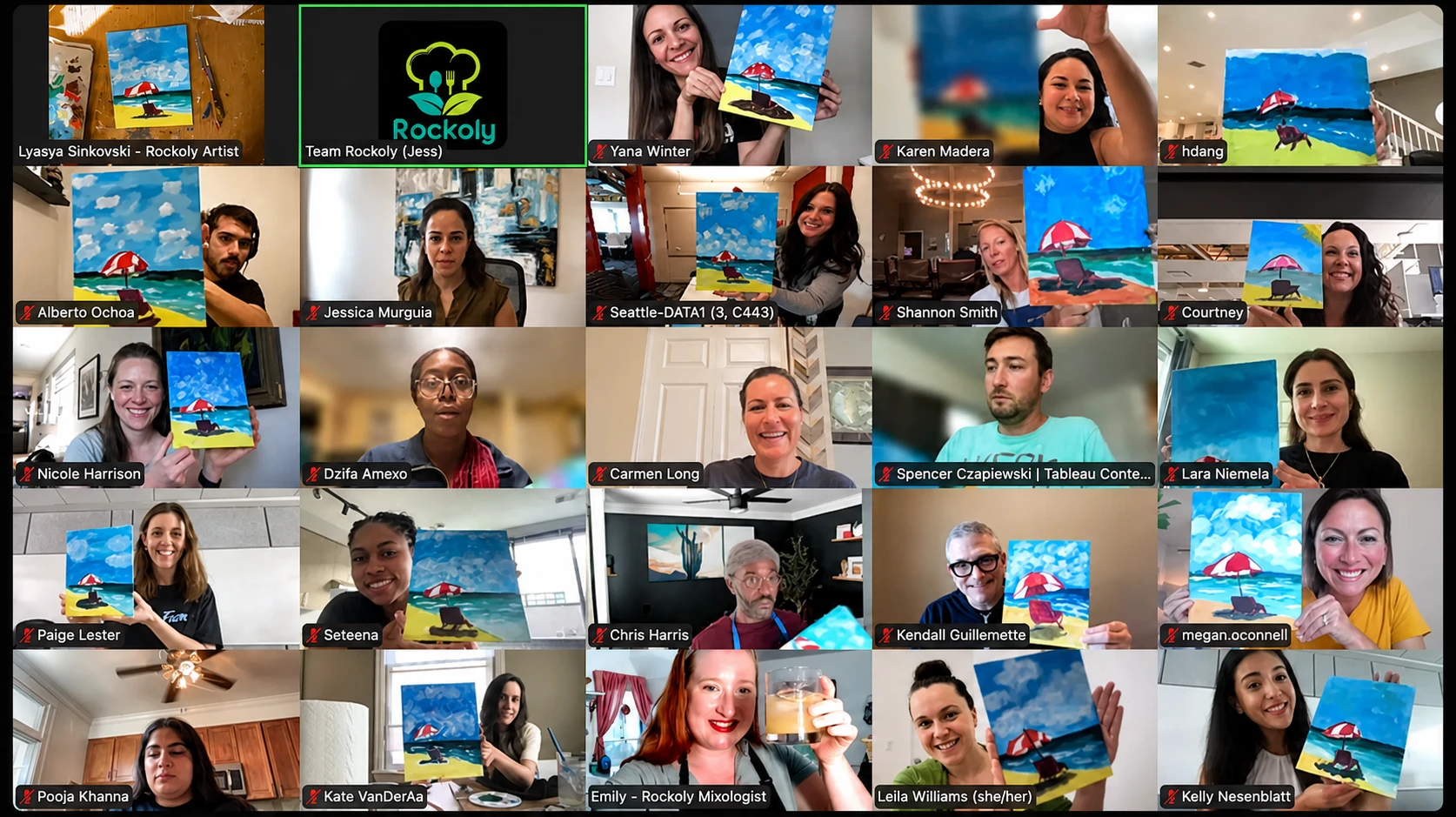 Video call grid of twenty-five people holding up the beach scene they painted, a red umbrella on the sand, with Rockoly's artist and mixologist